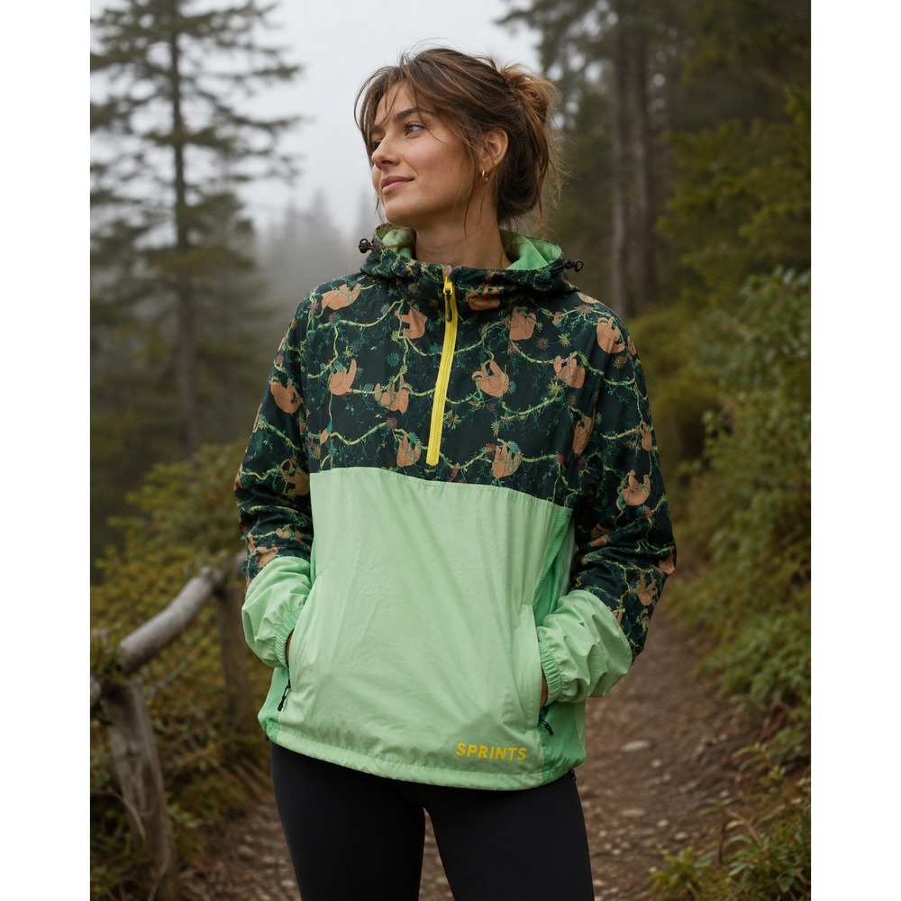 Sprints Sloth Print Windbreaker Jacket Green Half Zip Hooded Womens Large